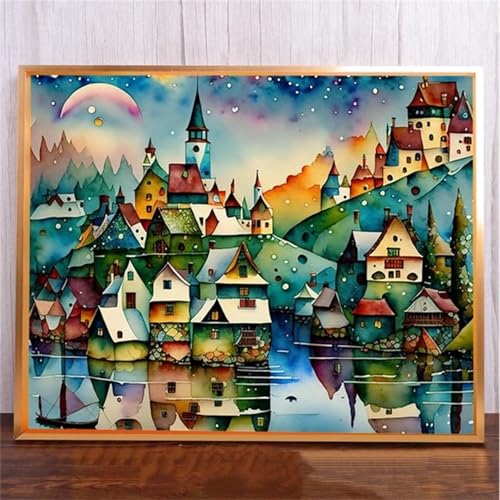 Nacht Abstrakte HäUser DIY 5D Diamond Painting,Diamant Malerei für Haus Dekoration,Wohnzimmer Schlafzimmer Büro Eingang Dekoratio,Diamond Painting Set für Erwachsene und Kinder-Round Drill,20x50cm von Januave