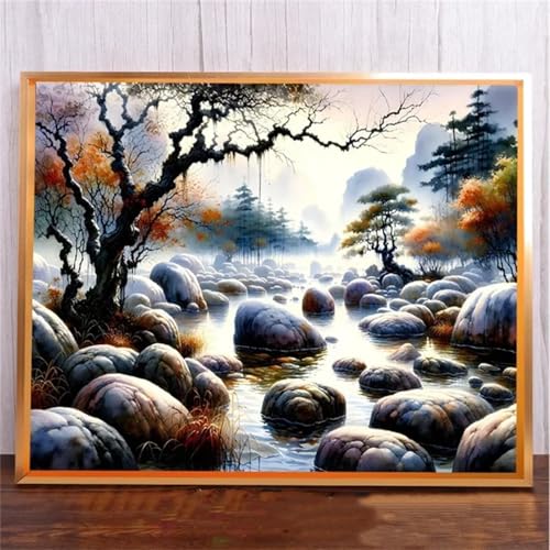 Stones Creek Landschaft DIY 5D Diamond Painting,Diamant Malerei für Haus Dekoration,Wohnzimmer Schlafzimmer Büro Eingang Dekoratio,Diamond Painting Set für Erwachsene und Kinder-Round Drill,20x50cm von Januave