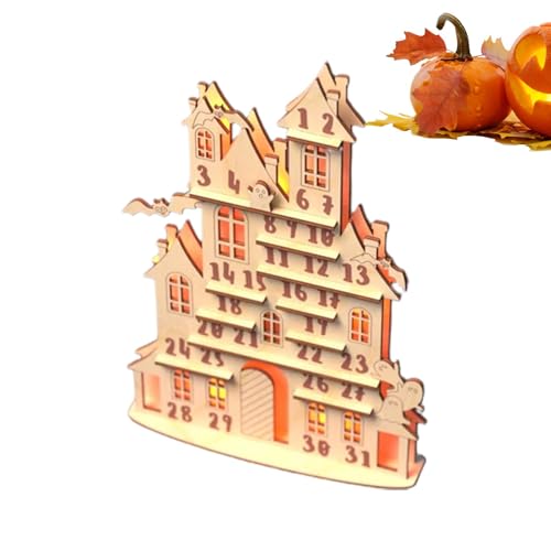 Halloween-Adventskalender 2024,Halloween-Spukhaus-Adventskalender, Holz-Halloween-Kalender-Dekor, Holz-31-Tage-Geister-Fledermaushaus-Design-Countdown bis Halloween-Kalender mit beweglichen Blöcken von Janurium