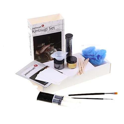 Japanwelt Kintsugi-Kit Reparatur-Set 9-teilig I Porzellankleber Keramikkleber Emaille-Reparaturset, mit ‎Kleber Modelliermasse Farbe Pinsel Stäbchen Schale Mischkarten Handschuhe, Keramik-Reparatur von Japanwelt