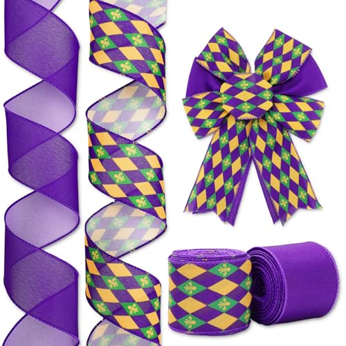 JarThenaAMCS 2 Rollen Mardi Gras Band mit Drahtrand, 6,3 cm, violett, kariert, Karnevalsstoff, Bastelband für Schleife, Kranz, Geschenkverpackung, Heimdekoration, 20 Meter von JarThenaAMCS