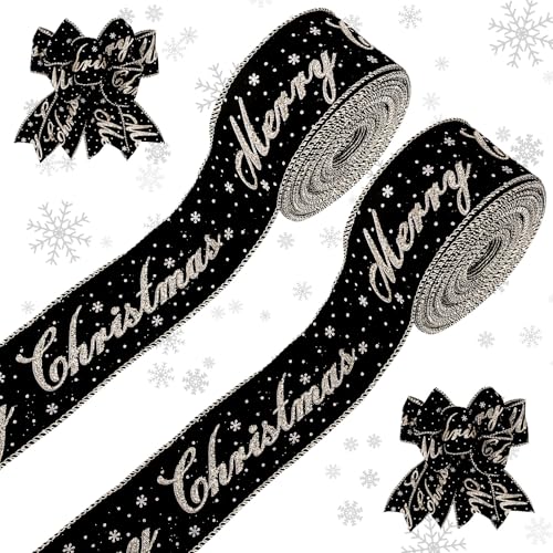 JarThenaAMCS 2 Rollen Merry Christmas Schleifenband mit Drahtrand, 6,3 cm, 45,7 m, Schwarz, Champagner, Gold, Glitzer, Samtband für Weihnachtsbaum, Schleife, Kranz, Handwerk, Geschenkverpackung, von JarThenaAMCS