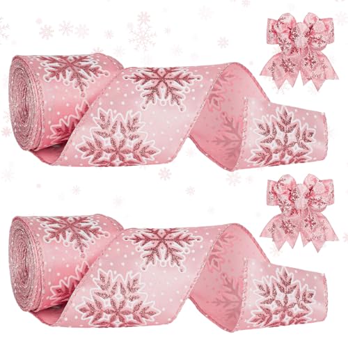 JarThenaAMCS 2 Rollen Weihnachts-Schneeflockenband mit Drahtrand, 6,3 cm, 45,7 m, Rosa, Winter-Schneeflocke, Glitzer, Satinband für Weihnachtsbaum, Schleife, Kranz, Handwerk, Geschenkverpackung, von JarThenaAMCS