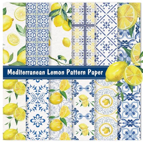 JarThenaAMCS 24 Blatt Mediterranes Zitronenmuster Papier Blau Blumen Scrapbook Papier Doppelseitige Kollektion Sommer Dekoratives Bastelpapier für DIY Kartenherstellung Fotoalbum Dekor, 30 x 30 cm von JarThenaAMCS