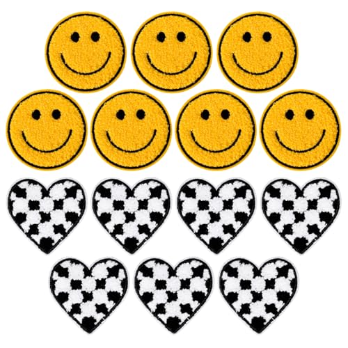 JarThenaAMCS 24 Stück Happy Face schwarz weiß karierte Herz-Aufnäher Lächeln Herz Bügelbilder Stickerei Stoff Patch für Stoff Hut DIY Handwerk von JarThenaAMCS