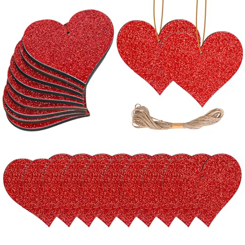 JarThenaAMCS 24 Stück Valentinstag Herz Holz Ornament Rot Glitzer Herzförmige Holzscheiben Dekorative Hängeschilder mit Hanfseil für Handwerk Hochzeit Jahrestag Party Dekor von JarThenaAMCS