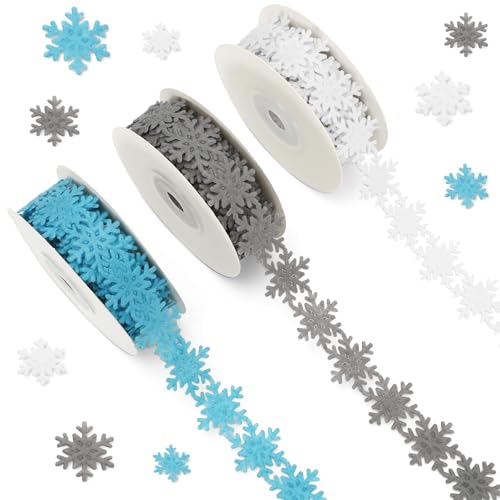 JarThenaAMCS 3 Rollen 18 Yard Winterbänder Schneeflockenförmige Stoffbänder Verzierung Weiß Silber Blau Geschenkband für Weihnachten Party DIY Handwerk von JarThenaAMCS