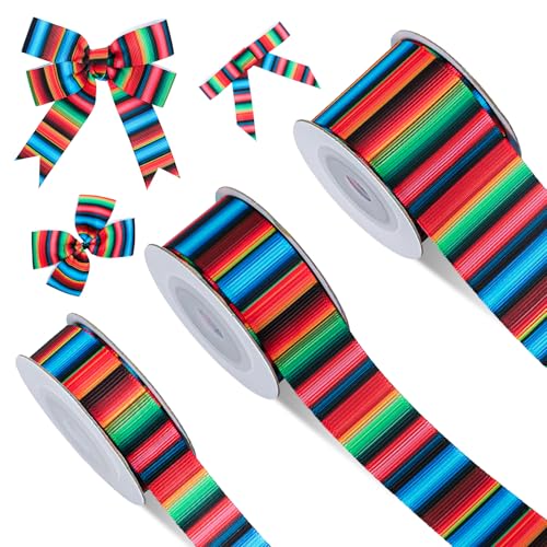 JarThenaAMCS 3 Rollen mexikanisches Fiesta-Serape-Band, Regenbogenstreifen, Ripsband, buntes Fiesta-Band für Kranz, Haarschleife, Geschenkverpackung, Basteln, Party-Dekoration, 13,7 m von JarThenaAMCS