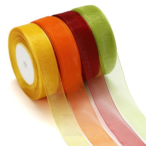 JarThenaAMCS 4 Rollen 200 Meter Herbst Sheer Chiffon Band 2,5 cm Organza Wickelband Herbst Farbiges Stoffband für Thanksgiving DIY Handwerk Schleife Kranz Herstellung Zubehör von JarThenaAMCS