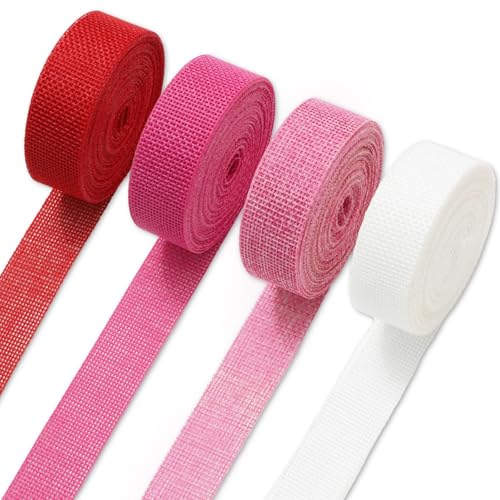 JarThenaAMCS 4 Rollen 40 Meter Valentinstag Jutebänder 4 Farben 2,5 cm Leinen Wickelbänder für Hochzeit Jahrestag DIY Handwerk Kranz Schleife Herstellung Zubehör von JarThenaAMCS