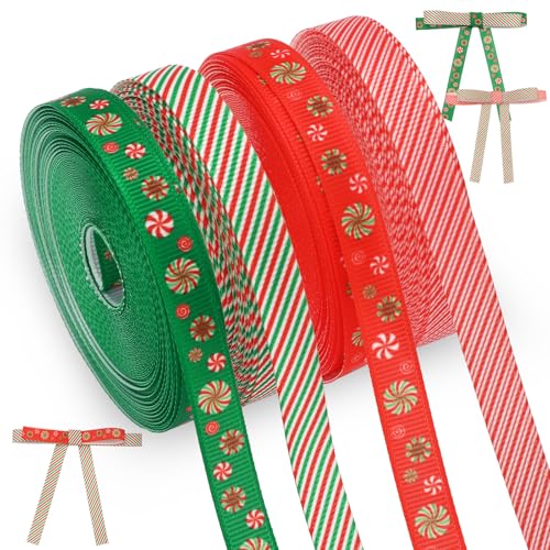 JarThenaAMCS 40 Meter breites Weihnachtsband, 0,95 cm breit, 4 Rollen, rot-grünes Bonbonband, Weihnachten, Winterurlaub, Stoff-Bastelband für Bastelarbeiten, Geschenkverpackungen, Zubehör von JarThenaAMCS