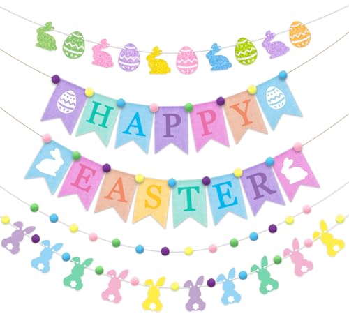 JarThenaAMCS 5 Stück Happy Easter Jute-Banner, Hasenpapier, Banner, Filz, Pompon, Kugelgirlande, Glitzer, Kaninchen, Ei, hängende Ornamente für Frühlingseiersuche, Party-Hintergrund von JarThenaAMCS