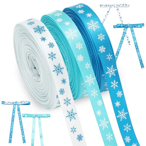 JarThenaAMCS 6 Rollen 60 Meter Weihnachts-Schneeflockenband 0,95 cm breit blau-weiße Schneeflocke Drahtrand Weihnachten Winter Satinband für DIY Handwerk Geschenkverpackung Zubehör von JarThenaAMCS