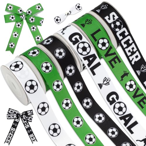 JarThenaAMCS 6 Rollen Fußball-Ripsband, schwarz-grün, Bastelband für Kranz, Schleife, Geschenkverpackung, Party-Dekoration, 27,7 m von JarThenaAMCS