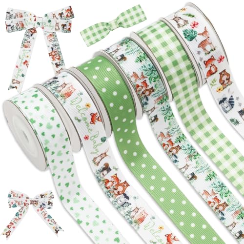 JarThenaAMCS 6 Rollen Waldtier-Bänder für Babypartys, Drahtbänder, Dschungeltiere, Ripsband, Punkte, kariert, Herzen, Geschenkbänder für Bastelarbeiten, Kranzschleifen, 27,7 m von JarThenaAMCS