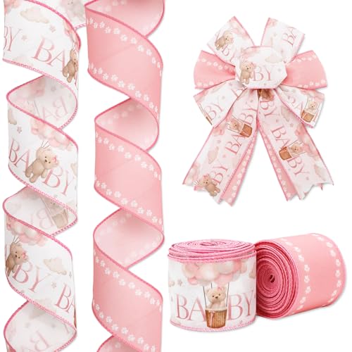 JarThenaAMCS Band mit Drahtrand für Babyparty, rosa Bärentatze, Stoffband für Kranz, Schleife, DIY, Verpackung, Party-Dekoration, 2 Rollen, 20 Meter von JarThenaAMCS