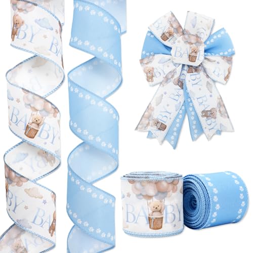 JarThenaAMCS Band mit Drahtrand für Babypartys, Bärentatze, Bastelband, Blau und Weiß, Stoffband für Kranz, Schleife, DIY, Verpackung, Party-Dekoration, 2 Rollen, 20 Meter von JarThenaAMCS