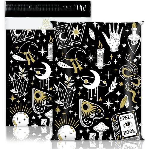 JarThenaAMCS Celestial Magic Poly-Versandtaschen, 25,4 x 33 cm, Schwarz / Weiß, Mond-Stern-Verpackungsbeutel, selbstklebende Versandtaschen für kleine Geschäftskleidung, 100 Stück von JarThenaAMCS