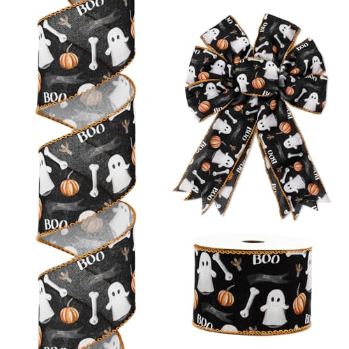 JarThenaAMCS Halloween-Band mit Drahtrand, Geister-Kürbis-Boo, Bastelband, schwarz, orange, weiß, Stoffband für Kranz, Schleifen, DIY, Geschenkverpackung, 12 Meter von JarThenaAMCS