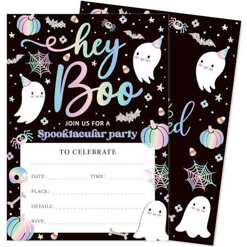 JarThenaAMCS Halloween-Partyeinladungen mit Umschlägen, schillernd, Hey Boo Geist, Kürbis-Einladungen für Süßes oder Saures, Geburtstagsparty-Gastgeschenke, 25 Stück JarThenaAMCS Halloween-Partyeinladungen mit Umschlägen, schillernd, Hey Boo Geist, Kürbis-Einladungen für Süßes oder Saures, Geburtstagsparty-Gastgeschenke, 25 Stück von JarThenaAMCS