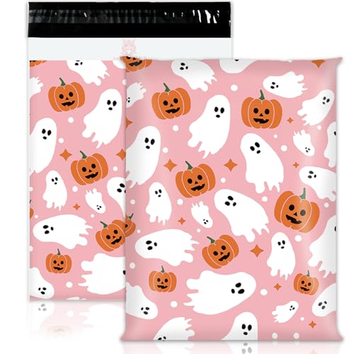 JarThenaAMCS Halloween-Versandtaschen aus Polymaterial, 37,7 x 48,3 cm, Rosa, Geisterkürbis, große selbstklebende Versandtaschen für kleine Geschäftskleidung, Geschenk, 100 Stück von JarThenaAMCS