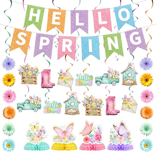 JarThenaAMCS Hello Spring Party-Dekorationsset, Gänseblümchen, Banner, Girlande, Tulpen, Blumen, hängende Wirbel, Schmetterling, Waben-Mittelstücke für Party-Hintergrund von JarThenaAMCS