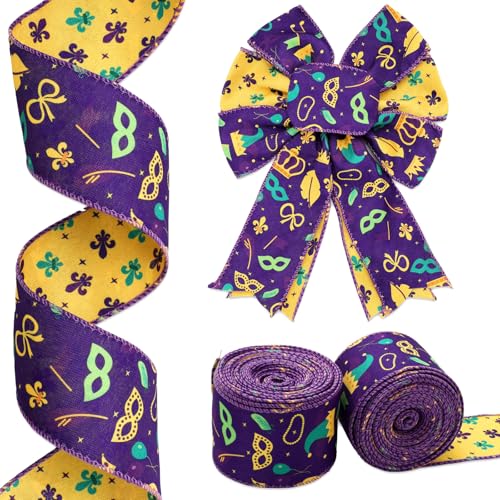 JarThenaAMCS Mardi Gras Drahtkantenband Lila Grün Gelb Karneval Stoffband Doppelseitiges Wickelband für DIY Handwerk Kranz Schleife Herstellung, 2 Rollen, 20 Yard von JarThenaAMCS