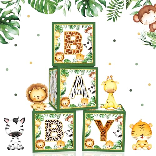 JarThenaAMCS Safari Baby Shower Dekorationen Waldtier Cartoon Baby Boxen Blöcke Dschungel Kreatur Party Dekorationen für Babyparty Geschlecht Enthüllung Geburtstag, 4 Stück von JarThenaAMCS