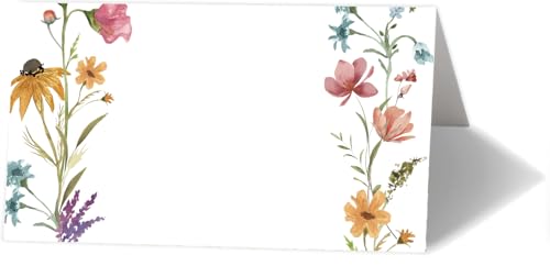 JarThenaAMCS Tischkarten mit Blumenmuster, 8,9 x 5,1 cm, Aquarell-Wildblumen-Zelt, Namenskarten, blanko, Sitzkarten für Frühlingsparty, Tischdekoration, 100 Stück von JarThenaAMCS