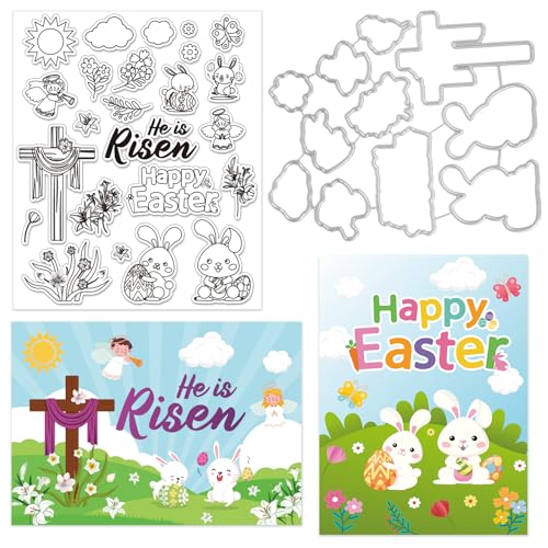 JarThenaAMCS Transparente Oster-Stempelschablonen-Set mit Aufschrift "He is Risen Blessing", Silikon, transparent, Hasenform, Stanzform für Bastelarbeiten, Kartenherstellung, Scrapbooking, Prägung, von JarThenaAMCS