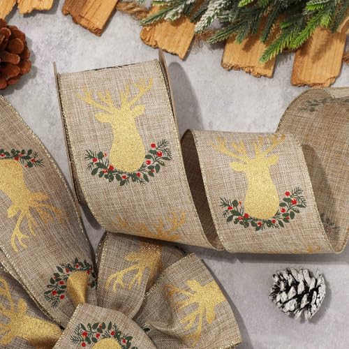 JarThenaAMCS Weihnachtsband mit Drahtrand, Goldfolie, Rentierband, Stoffband für Winter, Kranz, Schleife, Basteln, Geschenkverpackung, 12 Meter von JarThenaAMCS