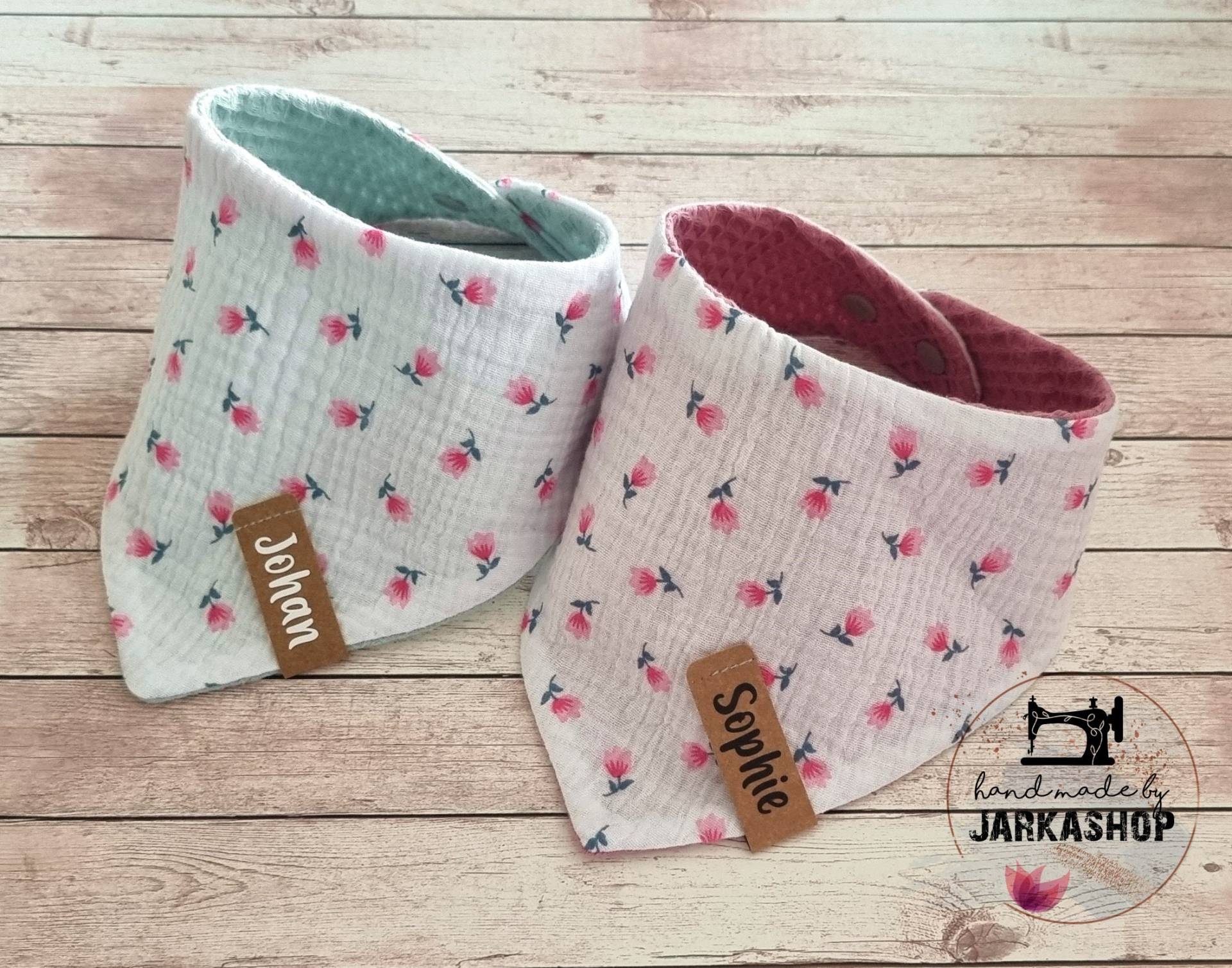 Baby Wende-Halstuch Aus Waffelpique/Musselin "Tulpen, Blümchen Weiß-Rosa", Personalisiert, Halstuch, Babyhalstuch, Halstuch Mit Namen von Jarkashop