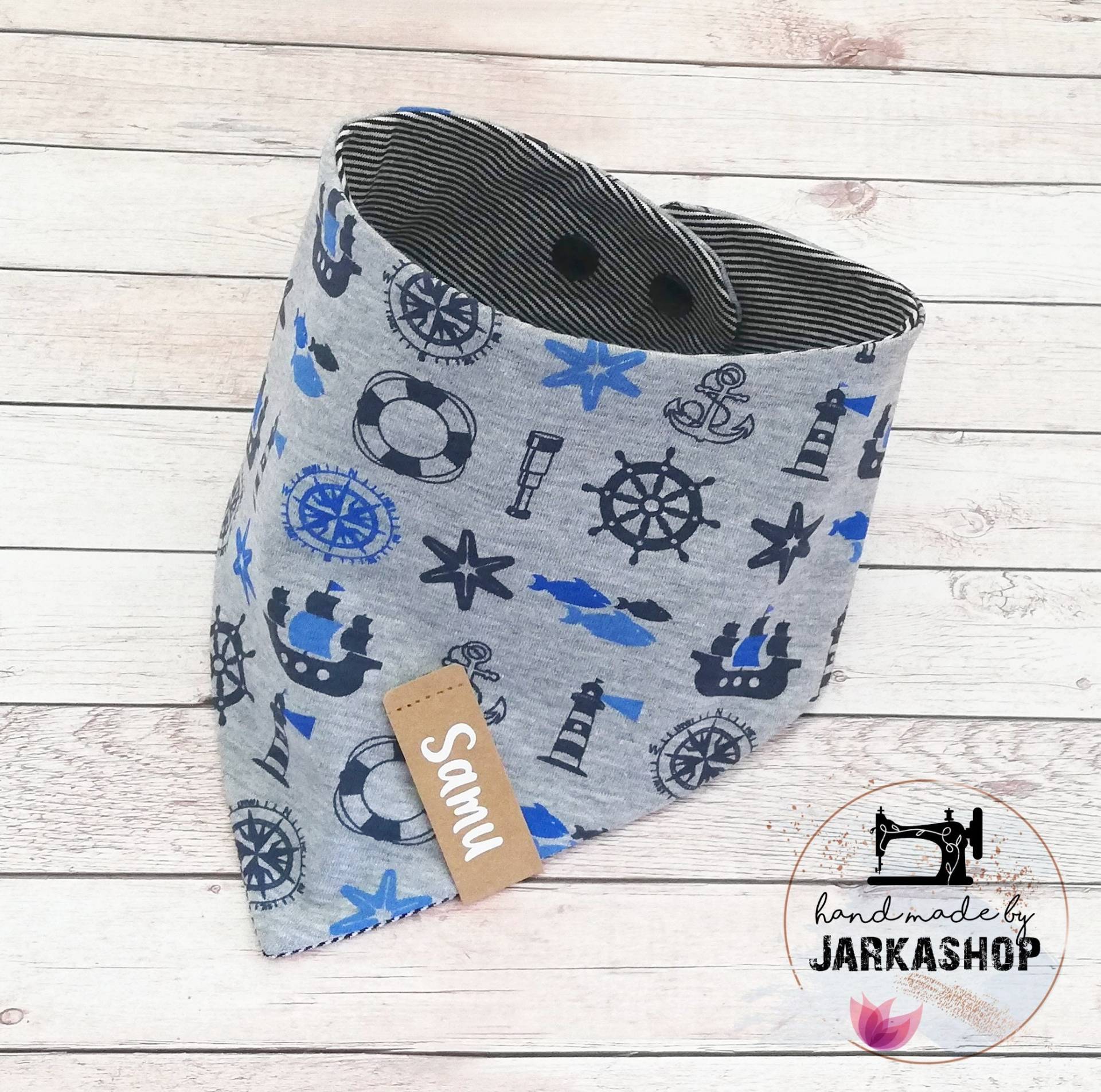 Baby Wende-Halstuch "Maritim Blau-Grau Streifen", Personalisiert, Halstuch, Babyhalstuch, Kinderhalstuch, Dreiecktuch, Halstuch Mit Namen von Jarkashop