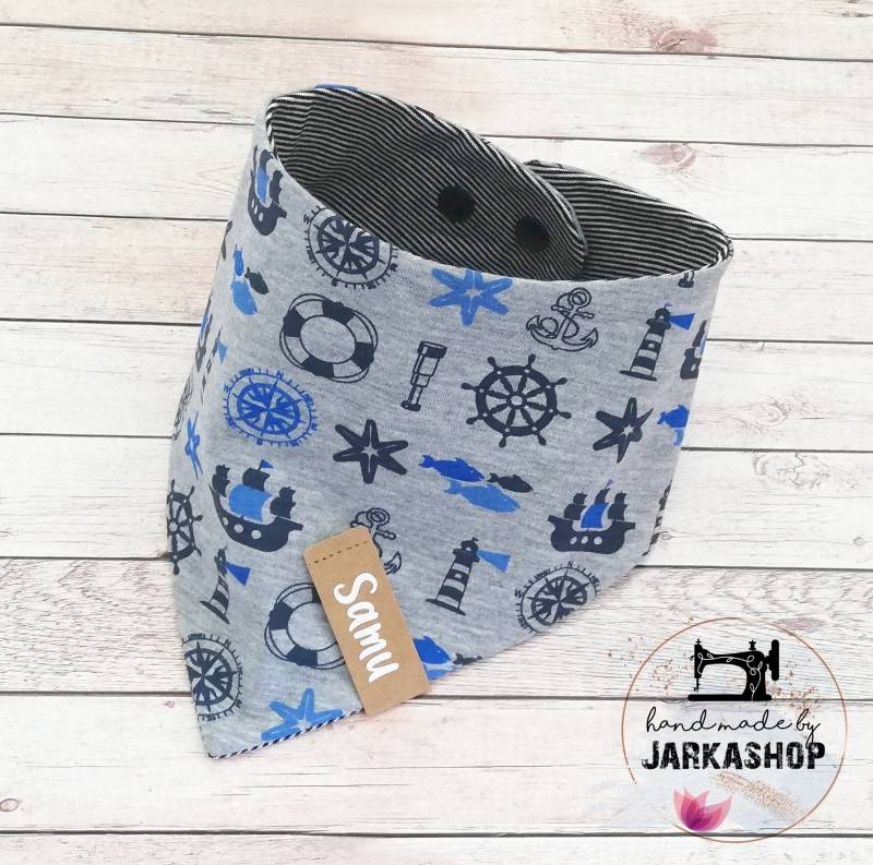 Baby Wende-Halstuch "Maritim Blau-Grau Streifen", Personalisiert, Halstuch, Babyhalstuch, Kinderhalstuch, Dreiecktuch, Halstuch Mit Namen von Jarkashop