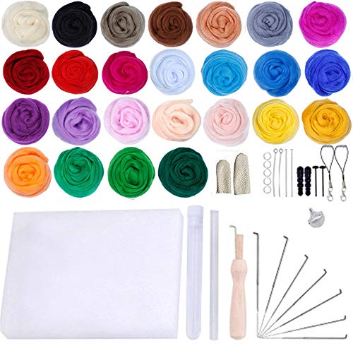 JasCherry Nadelfilz Set, 25 Farben Filzwolle Basteln, Nadelfilz Starter Kit, Quennslandwolle Schafwolle DIY mit Werkzeug Set, Handspinnendes Bastelfilzmaterial für Anfänger（3 g/Farbe） von JasCherry