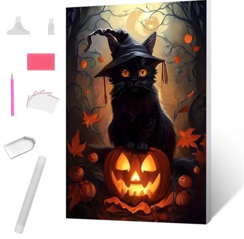 Diamond Painting, DIY 5D Diamant Painting Halloween Katze Bilder Diamond Painting Erwachsene Kinder Crystal Art Set Diamant Malerei Stickerei Mosaikherstellung für Home Wand Décor 50x70cm S-888 von Jaxiaco