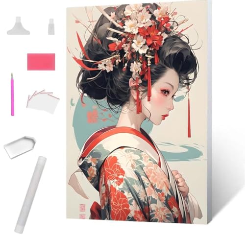 Diamond Painting, DIY 5D Diamant Painting Japanische Geisha Bilder Diamond Painting Erwachsene Kinder Crystal Art Set Diamant Malerei Stickerei Mosaikherstellung für Home Wand Décor 80x110cm S-743 von Jaxiaco