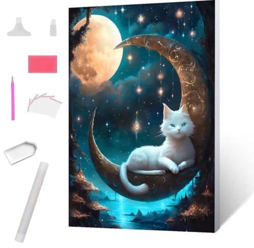 Diamond Painting Cat Moon Diamond Art Painting Full Zubehör, Diamant Painting Bilder Erwachsene Stickerei Kreuzstich Kinder Diamant Malerei Art Craft Herbst Wanddekoration Frau Gifts 70x95cm S-557 von Jaxiaco