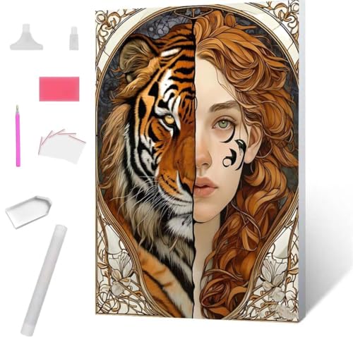 Diamond Painting Frau Tiger Diamond Art Painting Full Zubehör, Diamant Painting Bilder Erwachsene Stickerei Kreuzstich Kinder Diamant Malerei Art Craft Herbst Wanddekoration Frau Gifts 100x135cm S-675 von Jaxiaco