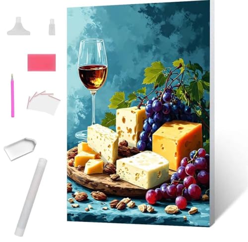 Diamond Painting Käse Fruchtwein Diamond Art Painting Full Zubehör, Diamant Painting Bilder Erwachsene Stickerei Kreuzstich Kinder Diamant Malerei Art Herbst Wanddekoration Frau Gifts 40x50cm S-653 von Jaxiaco