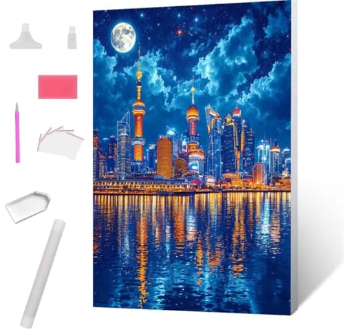 Diamond Painting Shanghai Bund Diamond Art Painting Full Zubehör, Diamant Painting Bilder Erwachsene Stickerei Kreuzstich Kinder Diamant Malerei Art Craft Herbst Wanddekoration Frau Gifts 40x50cm S794 von Jaxiaco