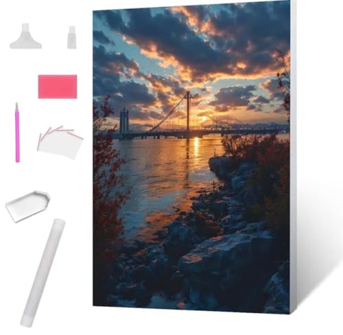 Diamond Painting Sunset Bridge Diamond Art Painting Full Zubehör, Diamant Painting Bilder Erwachsene Stickerei Kreuzstich Kinder Diamant Malerei Art Craft Herbst Wanddekoration Frau Gifts 40x50cm S898 von Jaxiaco