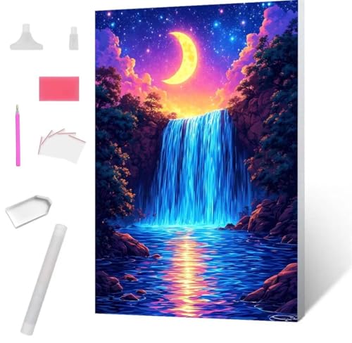 Diamond Painting Wasserfall Mond Diamond Art Painting Full Zubehör, Diamant Painting Bilder Erwachsene Stickerei Kreuzstich Kinder Diamant Malerei Art Herbst Wanddekoration Frau Gifts 70x95cm S-718 von Jaxiaco