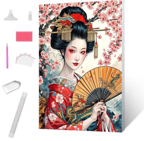 Japanische Geisha Diamond Painting Erwachsene 30x40cm, DIY 5D Diamant Painting Bilder kinder Malen Nach Zahlen Set, Diamond Art Full Diamant Malerei Kunst Basteln für Weihnachten Home Wand Dekor S-744 von Jaxiaco