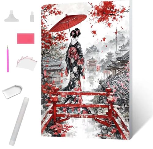 Japanische Geisha Diamond Painting Erwachsene 30x40cm, DIY 5D Diamant Painting Bilder kinder Malen Nach Zahlen Set, Diamond Art Full Diamant Malerei Kunst Basteln für Weihnachten Home Wand Dekor S-747 von Jaxiaco