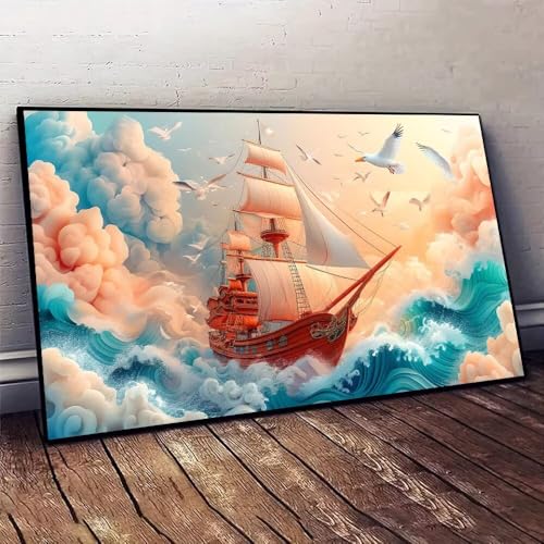 Malen Nach Zahlen Erwachsene Boot Wellen DIY Handgemalt Ölgemälde Leinwand Set mit 3 Pinsel und Acrylpigment für Malerei Bastelset, Frauen Home Deko Geburtstag Weihnachten Geschenk 70x140cm X-528 von Jaxiaco