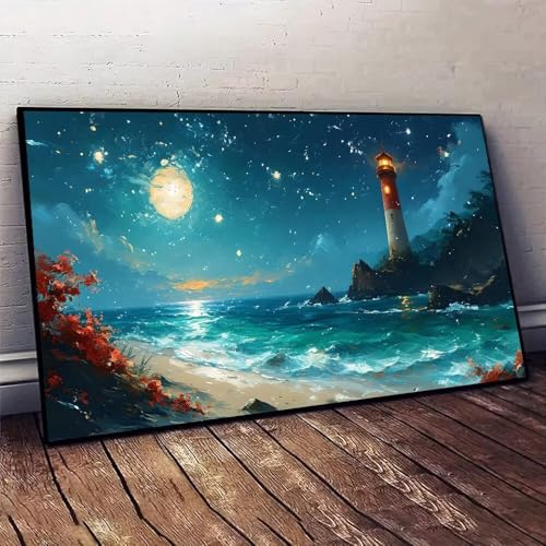 Malen Nach Zahlen Erwachsene Strand Leuchtturm DIY Handgemalt Ölgemälde Leinwand Set mit 3 Pinsel und Acrylpigment für Malerei Bastelset, Frauen Home Deko Geburtstag Weihnachten Geschenk 25x50cm X-564 von Jaxiaco