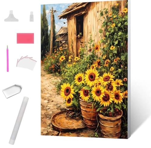 Sonnenblumenhütte Diamond Painting Erwachsene 30x40cm, DIY 5D Diamant Painting Bilder kinder Malen Nach Zahlen Set, Diamond Art Full Diamant Malerei Kunst Basteln für Weihnachten Home Wand Dekor S-921 von Jaxiaco