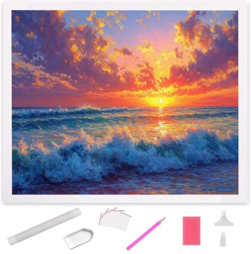 Wellen bei Sonnenuntergang Diamond Painting Erwachsene 30x40cm, DIY 5D Diamant Painting Bilder kinder Malen Nach Zahlen Set, Diamond Art Full Diamant Malerei Kunst Basteln für Home Wand Dekor S-897 von Jaxiaco