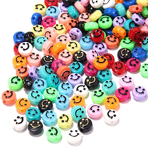 200 Stück Mehrfarben Acryl Smiley-Perlen 10mm Pony Scheibenmünze Schwarz Happy Lächelndes Gesicht Lose Abstandshalterperlen für DIY-Schmuck Armband Handy-Anhänger machen von Jaydis